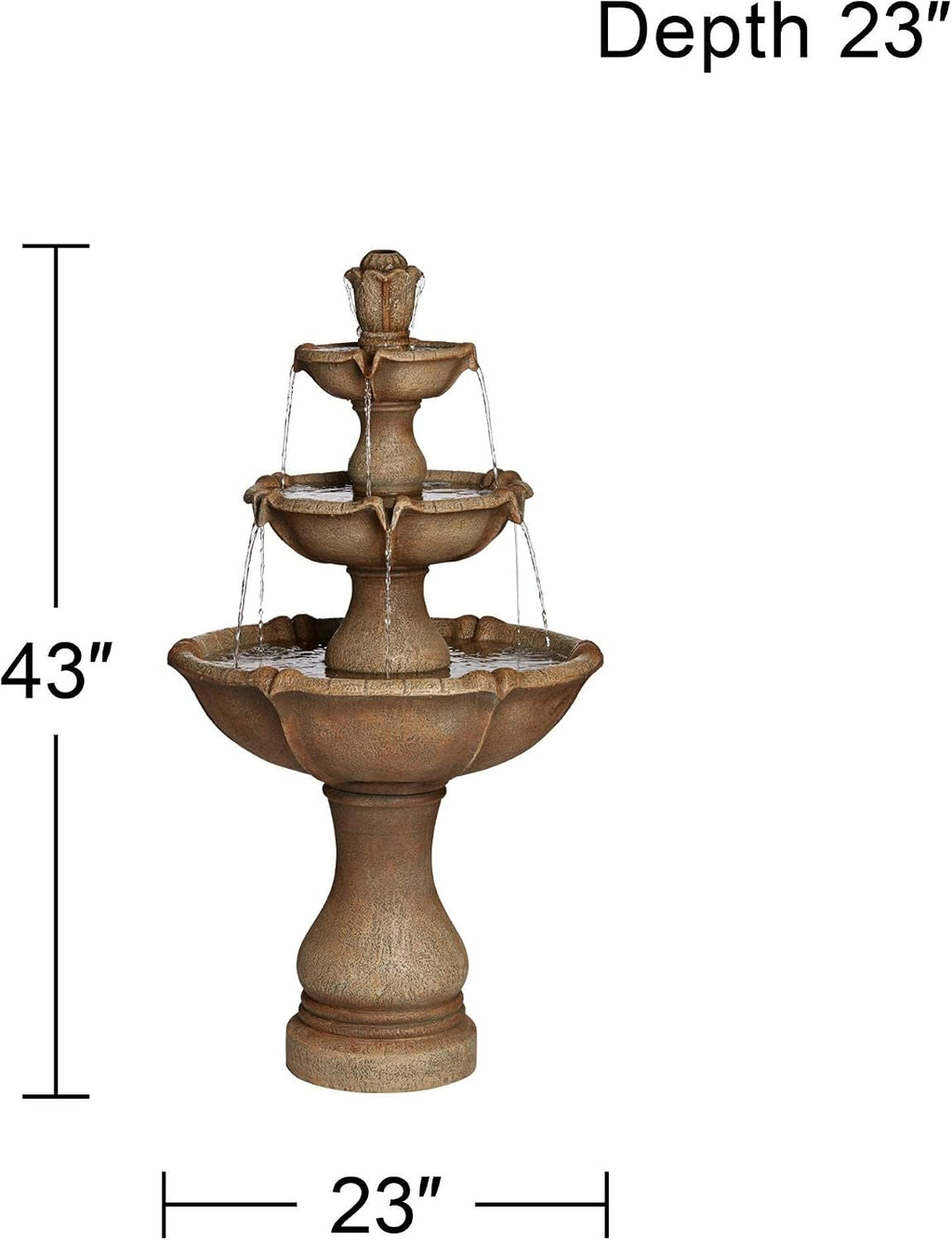 Arosco Modern Rustic Outdoor Floor Water Fountain with Light LED 43' High 3-Tiered Resin for Garden Patio Yard Deck Home Lawn Porch House Relaxation Exterior - John Timberland