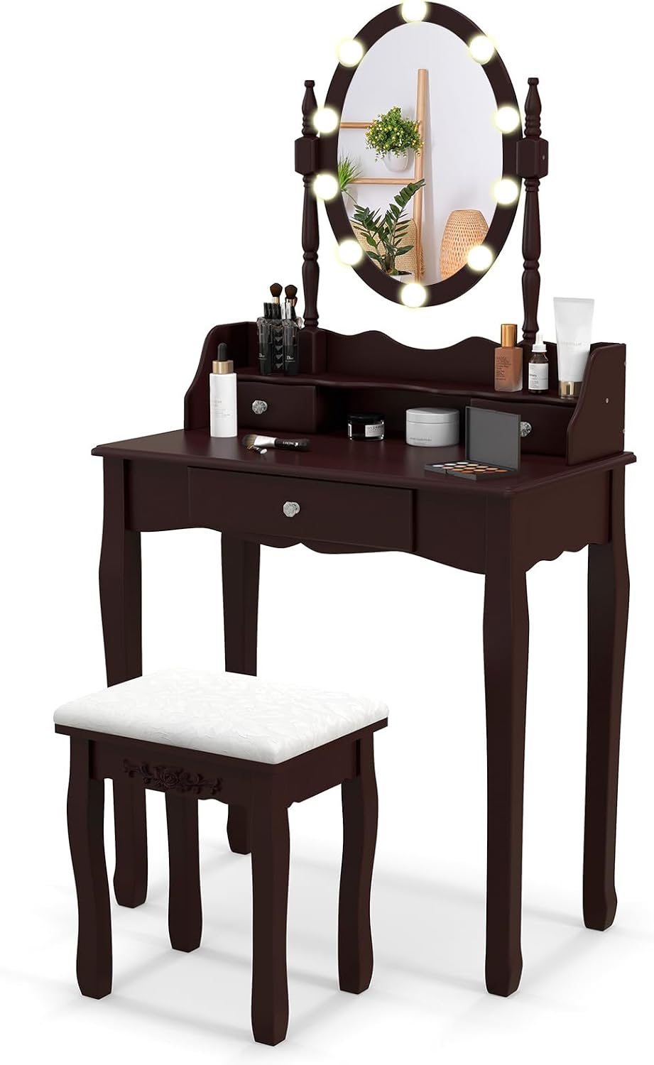 GOFLAME Vanity Table Set with Rotatable Mirror, Makeup Vanity Desk with 3-Color Dimmable LED Lights, 3 Drawers and Cushioned Stool, Dressing Table Set for Bedroom Studio (Brown)