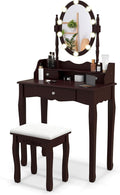 GOFLAME Vanity Table Set with Rotatable Mirror, Makeup Vanity Desk with 3-Color Dimmable LED Lights, 3 Drawers and Cushioned Stool, Dressing Table Set for Bedroom Studio (Brown)