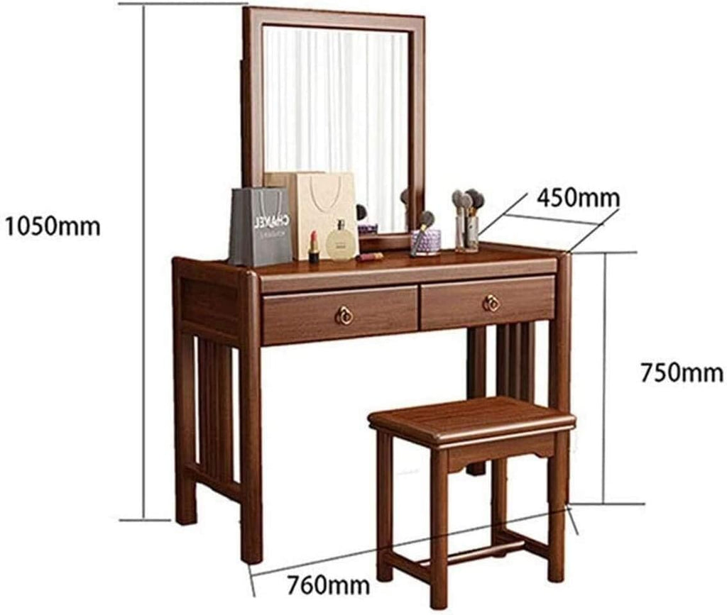 Vanity Table Set with Rectangular Mirror 2 Large Drawers with Sliding Rails Makeup Dressing Table with Stool Vanity Benches