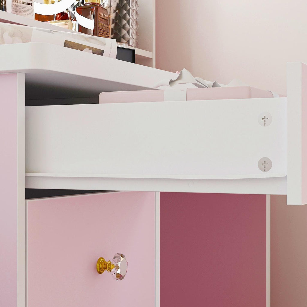 FUFU&GAGA Pink Vanity Set with Round Lighted Mirror, Makeup Vanity Bedroom Dressing Table with 5 Drawers, Shelves, Dresser Desk and Cushioned Stool