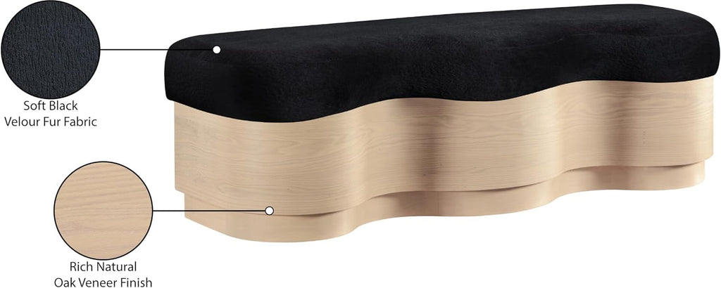 Meridian Furniture 22080Black Savoy Collection Art Deco Bench with Soft Black Velour Fur Fabric, Rich Natural Finish, Mix of Solid Wood & MDF, 60' W x 18.5' D x 18.5' H, Black