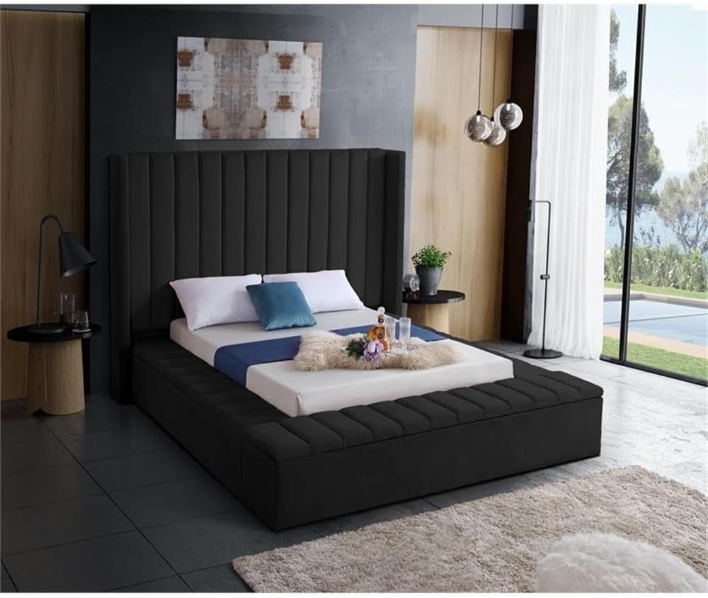 Meridian Furniture Kiki Collection Modern | Contemporary Velvet Upholsterd Bed with Channel Tufting, Siderails and Footboard Storage Compartments, Full, Black