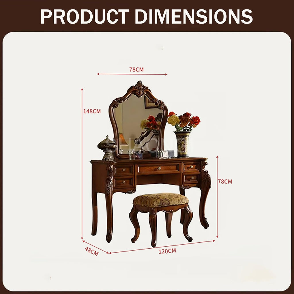 Mid Century European Antique Makeup Vanity, Vintage Brown Makeup Table with 5 Drawers and Mirror, Fabric Upholstered Stool, Bedroom Dressing Table for Women Girls (120cm/47in)