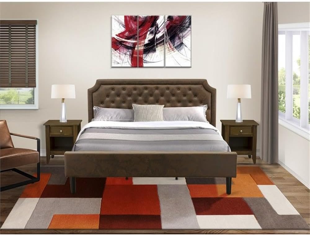 Pemberly Row 3-Piece Wood King Bedroom Set, Brown & Walnut Finish, Platform Bed Frame with Faux Leather Upholstery and Solid Wood Slats, Includes 2 Nightstands, Traditional or Contemporary Bedroom