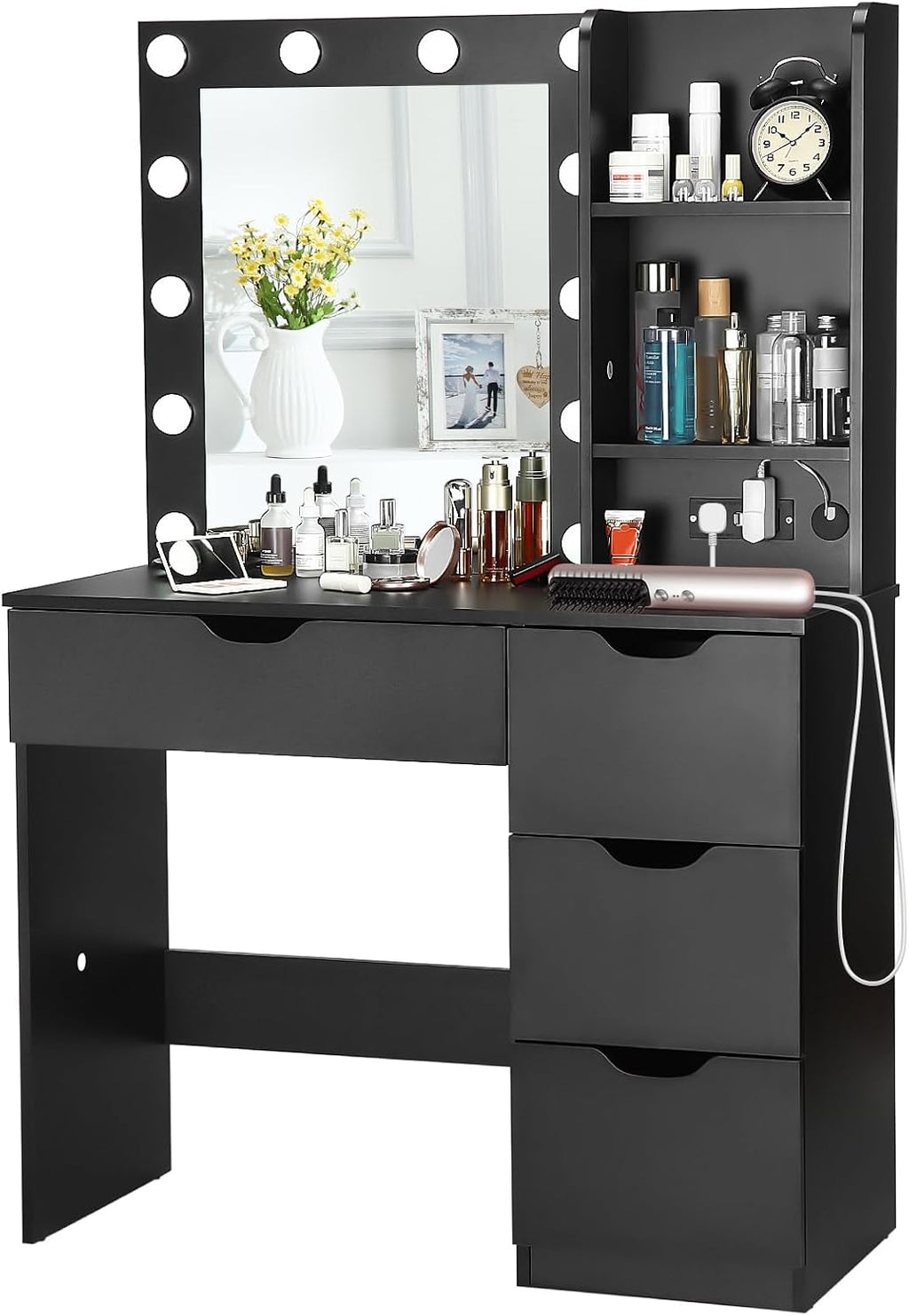 Modern Vanity Makeup Desk with Vanity Mirror, Built-in Lights, 4 Drawers, Crystal Ball Knobs, Power Outlet, White Makeup Desk for Bedroom