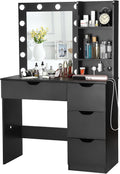 Modern Vanity Makeup Desk with Vanity Mirror, Built-in Lights, 4 Drawers, Crystal Ball Knobs, Power Outlet, White Makeup Desk for Bedroom
