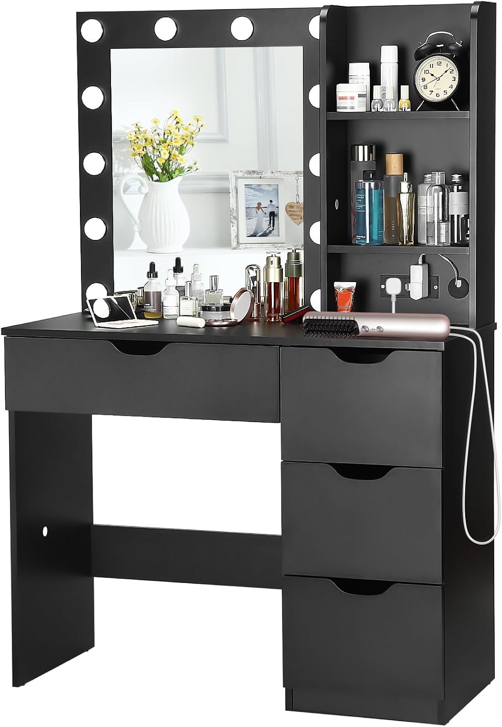 Modern Vanity Makeup Desk with Vanity Mirror, Built-in Lights, 4 Drawers, Crystal Ball Knobs, Power Outlet, White Makeup Desk for Bedroom