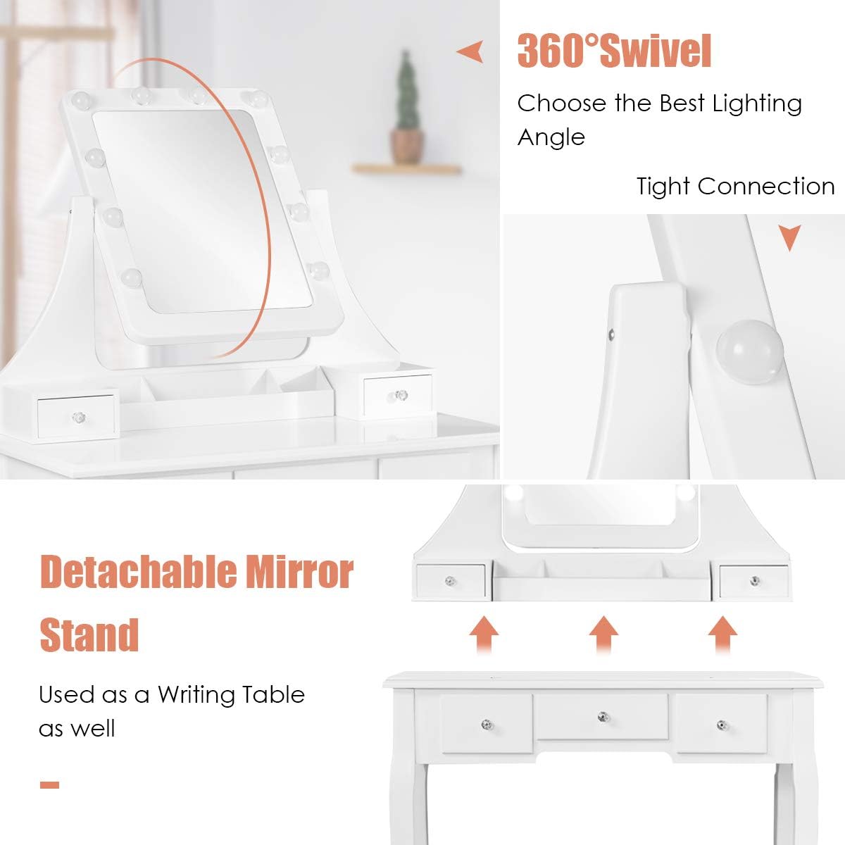 COSTWAY Vanity Desk Set with Lighted Mirror, 360° Swivel Vanity Mirror Desk with 10 LED Bulbs, Makeup Dressing Table with 5 Drawers, Vanity Table with Cushioned Stool for Bedroom, Women, Girls (White)