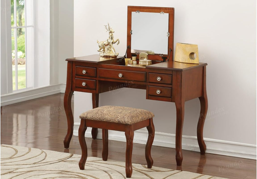 Poundex F4147 Bobkona Cailyn Flip Up Mirror vanity Set with Stool in Cherry