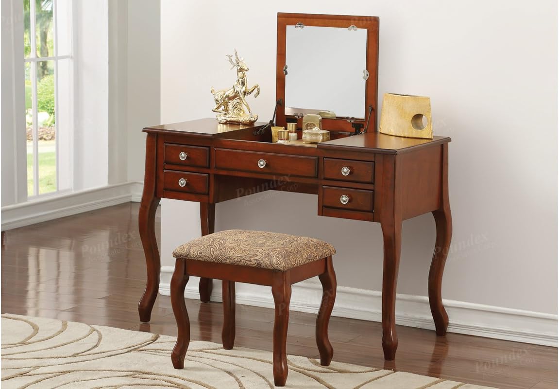 Poundex F4147 Bobkona Cailyn Flip Up Mirror vanity Set with Stool in Cherry