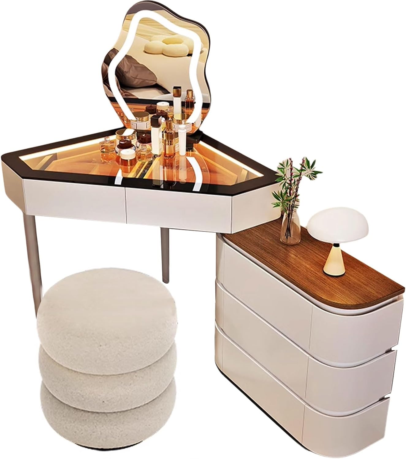 Makeup Vanity with Mirror and Lights Expandable and Adjustable Wood Vanity Lighting Adjustable in Three Levels 90° Corner Design Multi-Purpose Table(White,140 * 30 * 130CM)