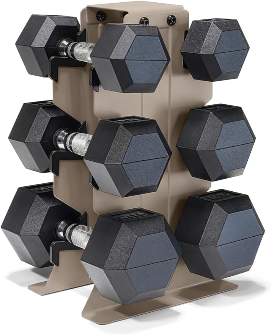 CAP Dumbbell Set with Rack, Rubber Coated Hex Free Weight Set | 100–300 lb Options, Vertical Space-Saving Storage for Home Gym Strength Training