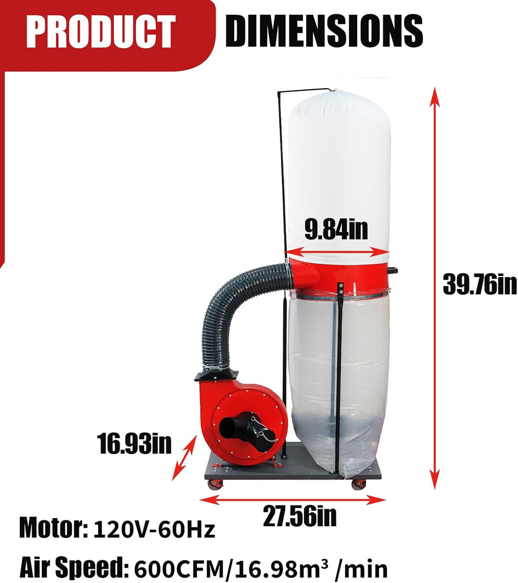 Heavy-Duty Vertical Woodworking Dust Collector 1500W (2HP) Electric Dust Extraction Machine with 15-Gallon Bag, Mobile Base, Wall Mount for Efficient Workshop and Garage Cleanup