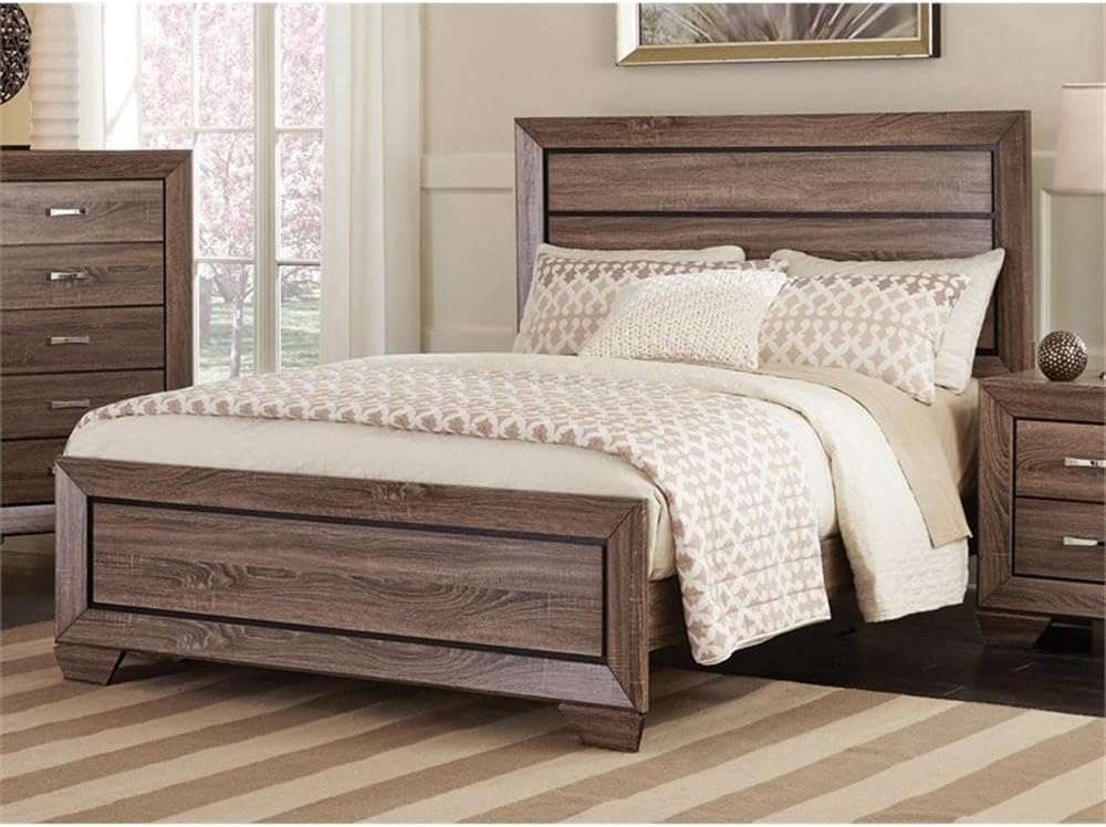 MAKLAINE Contemporary 4-Piece Eastern King Wood Bedroom Set, Washed Taupe Finish, Solid Asian Hardwood, Includes Bed, Dresser, Mirror, Nightstand, Oak Wood Grain, Chrome Handles, Transitional Style,
