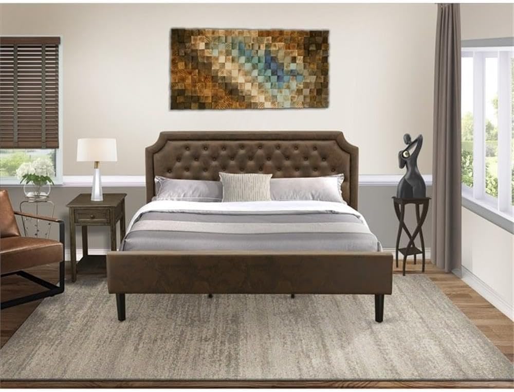 Pemberly Row 2-Piece Wood King Bedroom Set, Faux Leather Bed & Nightstand, USB Ports & Outlets, Brown/Jacobean Finish, Mid-Century Style, Sturdy Frame, Easy Assembly