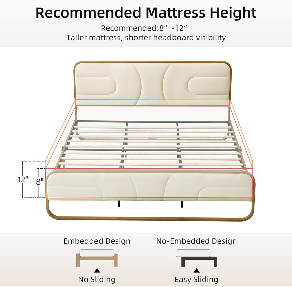 VELOCAVA Rounded Metal Upholstered Bed King with Unique Headboard, Soft Velvet Platform Bed Storage Supported by Metal Base and Wooden Slats, No Box Spring Needed,Gold & Cream
