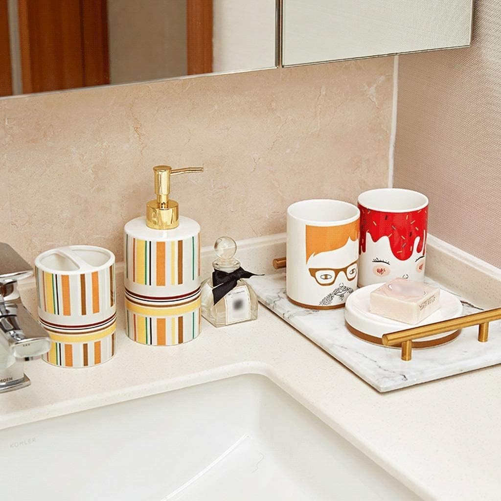 Vanity Bathroom Decor, Ceramic Bathroom Accessory Set 5 Pieces Soap Dispenser Toothbrush Holder Lotion Pump Bottle Housewarming Gift