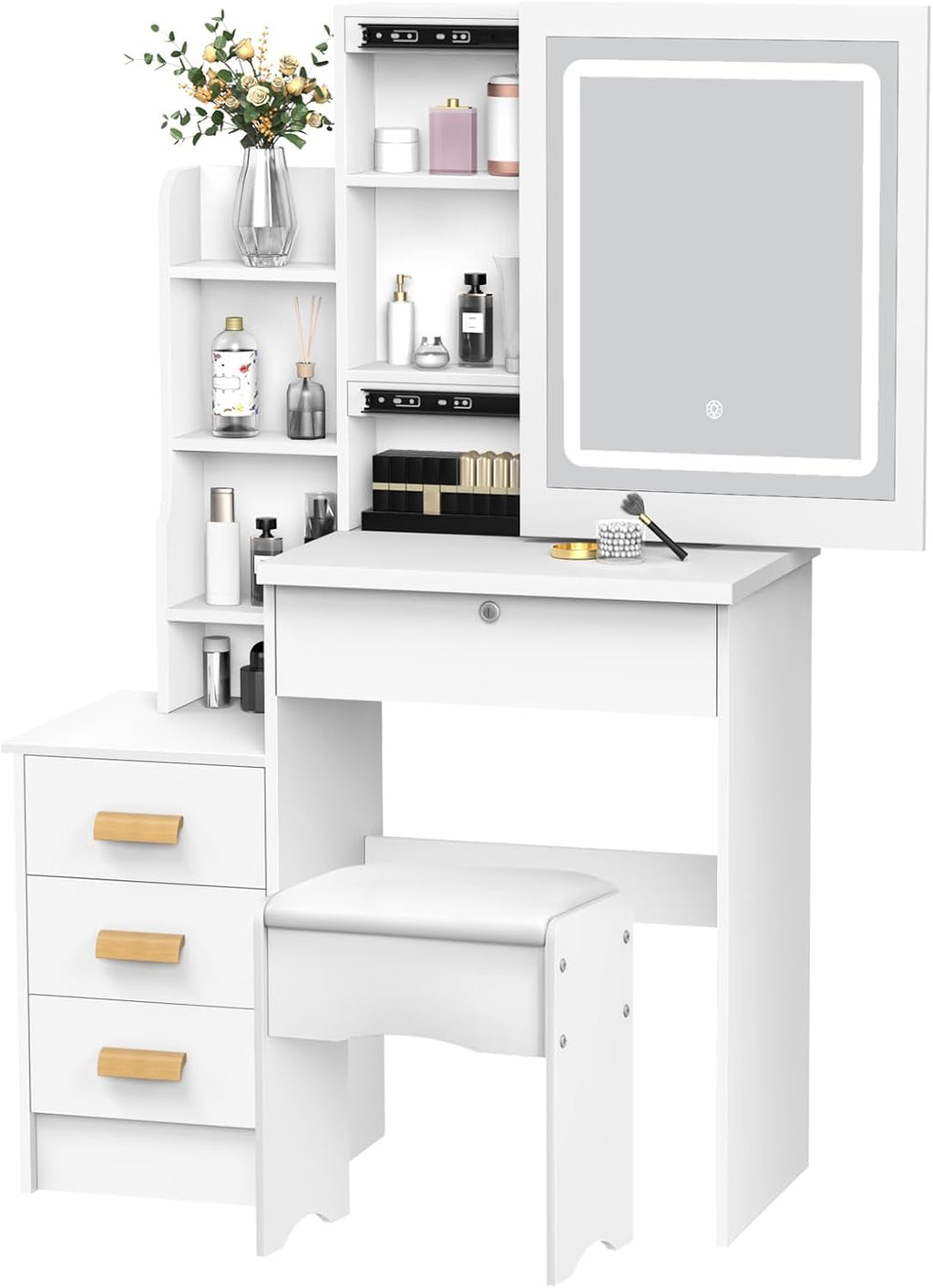 Vanity Desk with Mirror and Lights,Teen Girls Makeup Vanity Table, Dresser with mirror, Bedroom Vanity Set with 6 Spacious Drawers ,Shelves Dressing Desk for Bedroom Dressing Room (White with light)