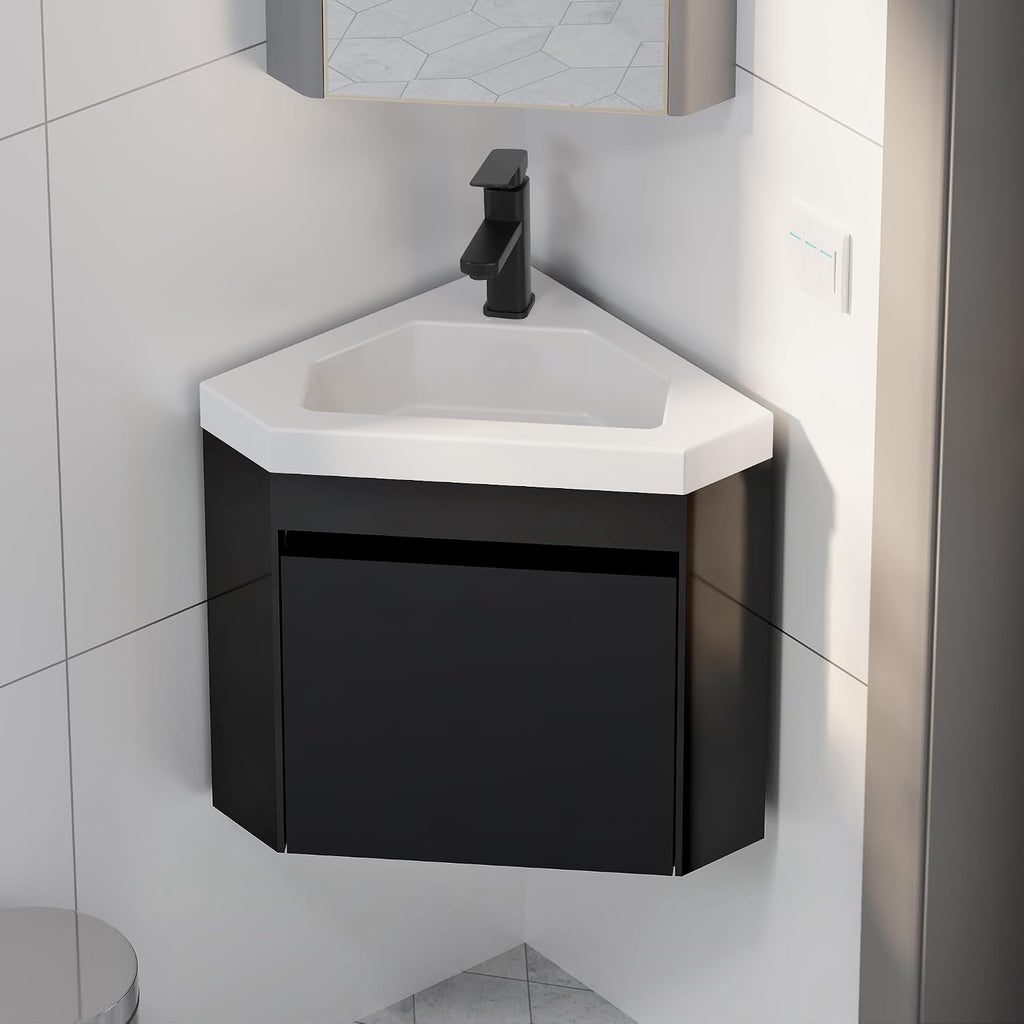 eclife 22' Corner Bathroom Vanity Sink Combo for Small Space Wall Mounted Floating Cabinet with White Resin Sink and Matte Black Faucet, Black