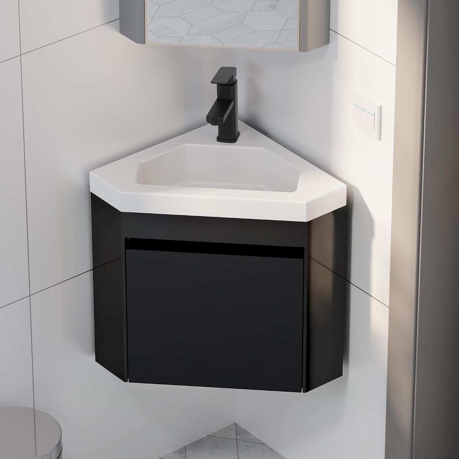 eclife 22' Corner Bathroom Vanity Sink Combo for Small Space Wall Mounted Floating Cabinet with White Resin Sink and Matte Black Faucet, Black