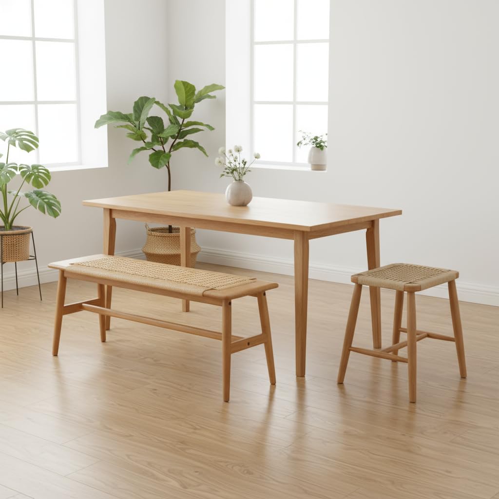 100% Solid Oak Wood Dining Bench, Hand Woven Dining Bench with Trapezoid Leg, Boho Otoman Footrest for Living Room Kitchen Entryway