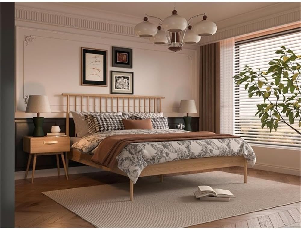 Pemberly Row Mid-Century Solid White Oak Bedroom Set, King Bed with Spindle Headboard and Sturdy Post Legs, Includes 2 Matching Nightstands, Modern Timeless Design for Master Bedroom Decor