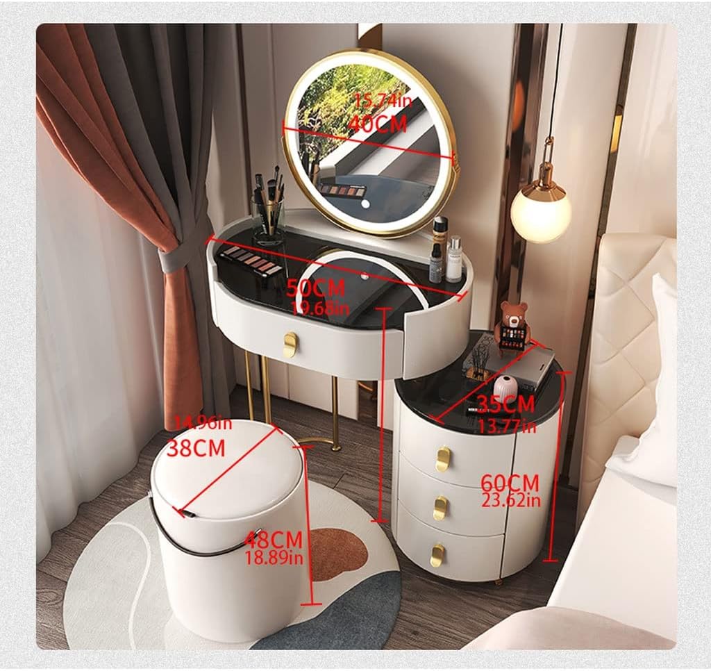 Vanity Benches Dresser Modern Small Apartment Bedroom Dresser Retractable Storage Cabinet with Mirror, Dressing Stool, Four Drawers (Color : A)