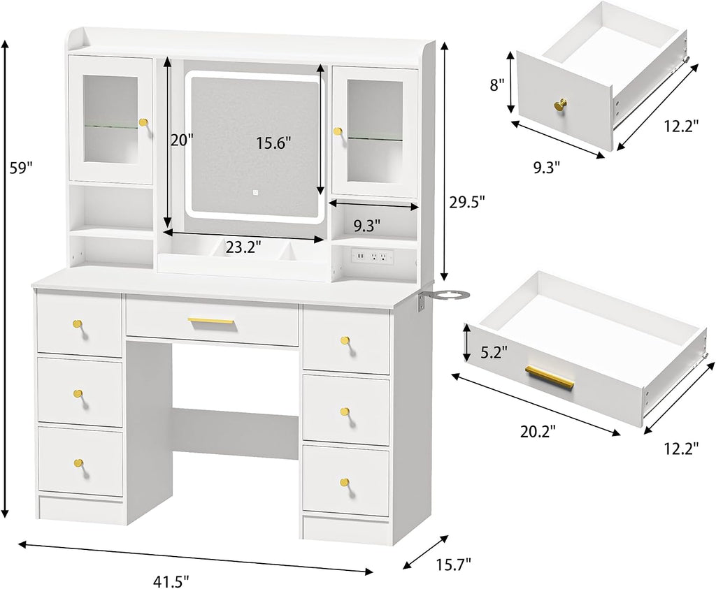 LAKEMID White Makeup Vanity Desk with Mirror and Lights,Make Up Vanity Table with Lighted Mirror 7 Drawers, Modern Vanity with Power Outlet RGB Cabinets,Dressing Table for Bedroom Women Girls