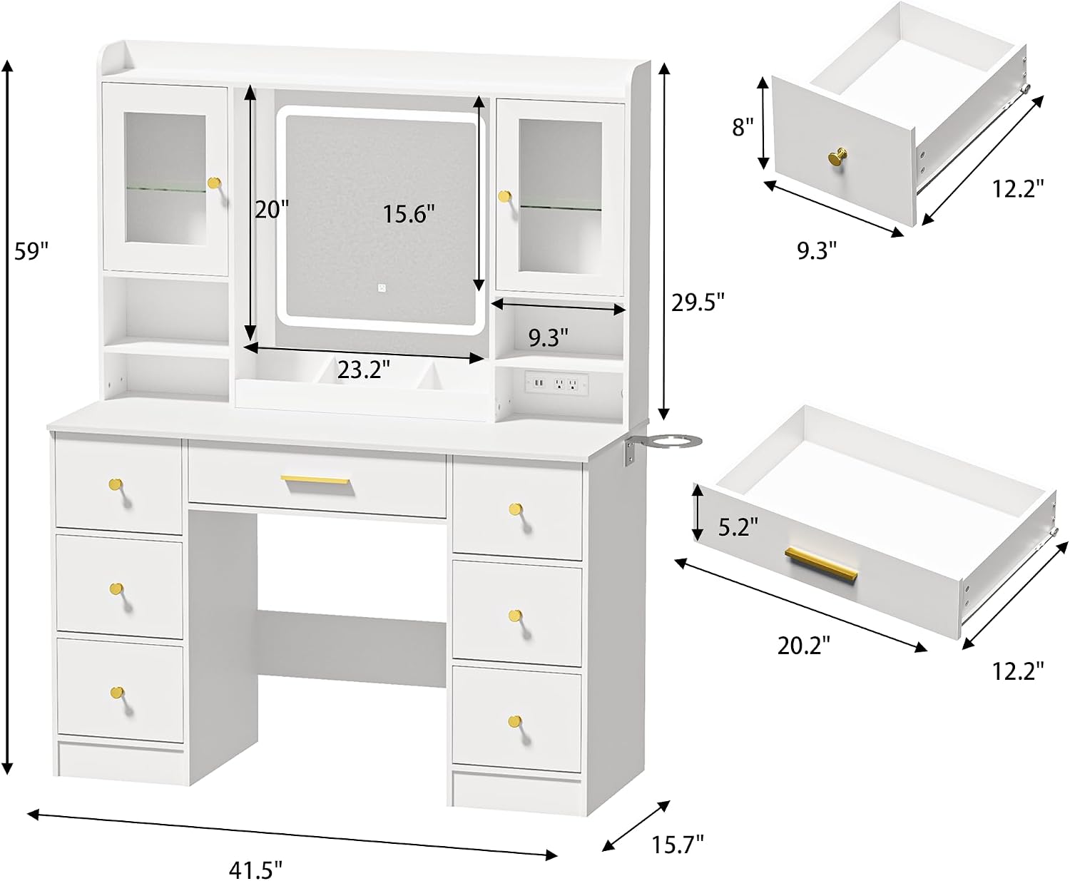 LAKEMID White Makeup Vanity Desk with Mirror and Lights,Make Up Vanity Table with Lighted Mirror 7 Drawers, Modern Vanity with Power Outlet RGB Cabinets,Dressing Table for Bedroom Women Girls