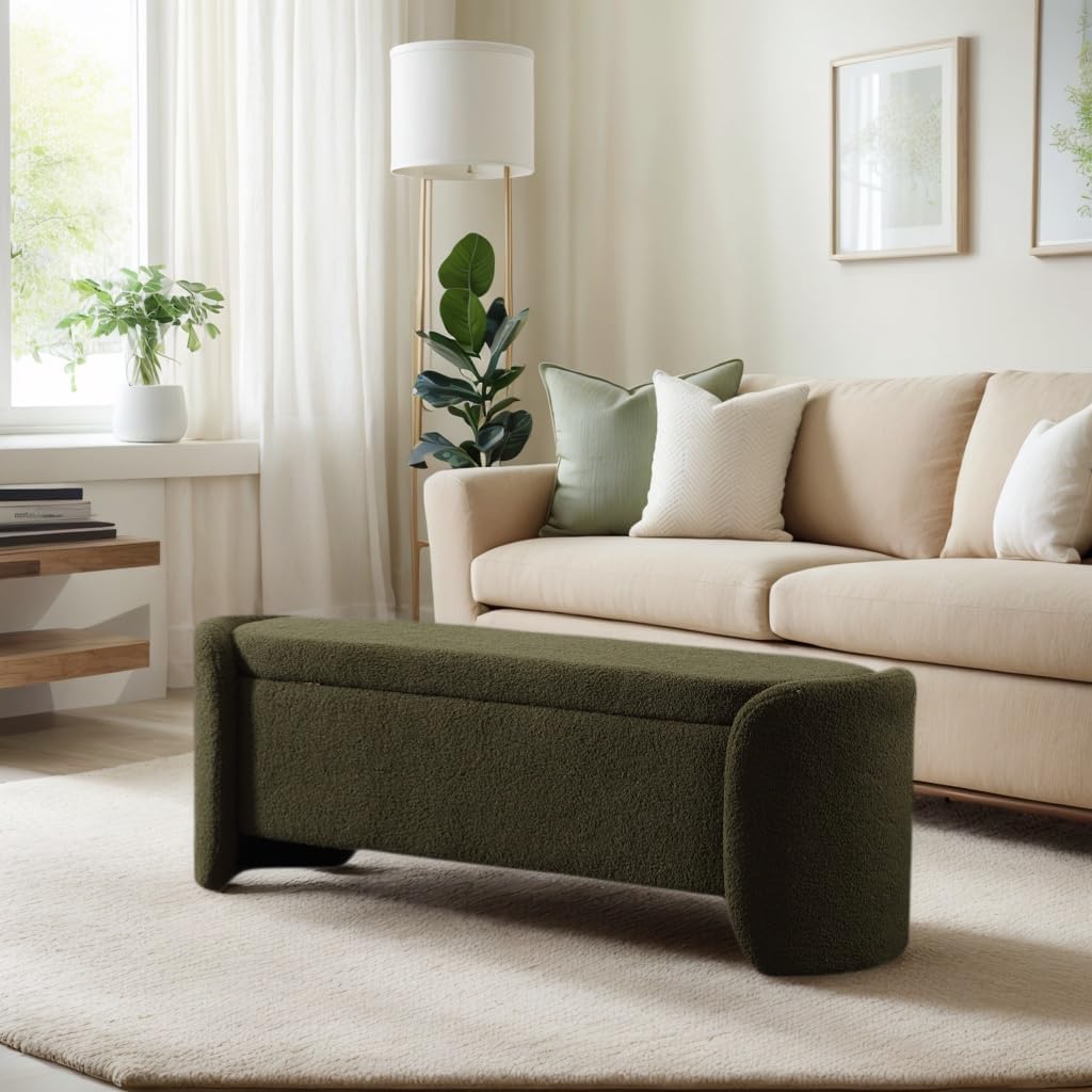 ROCTY Green Boucle Storage Bench - 50' Sherpa End of Bed Ottoman with Seating and Storage for Bedroom, Entryway, Living Room, Vanity or Makeup Room - Teddy Fabric