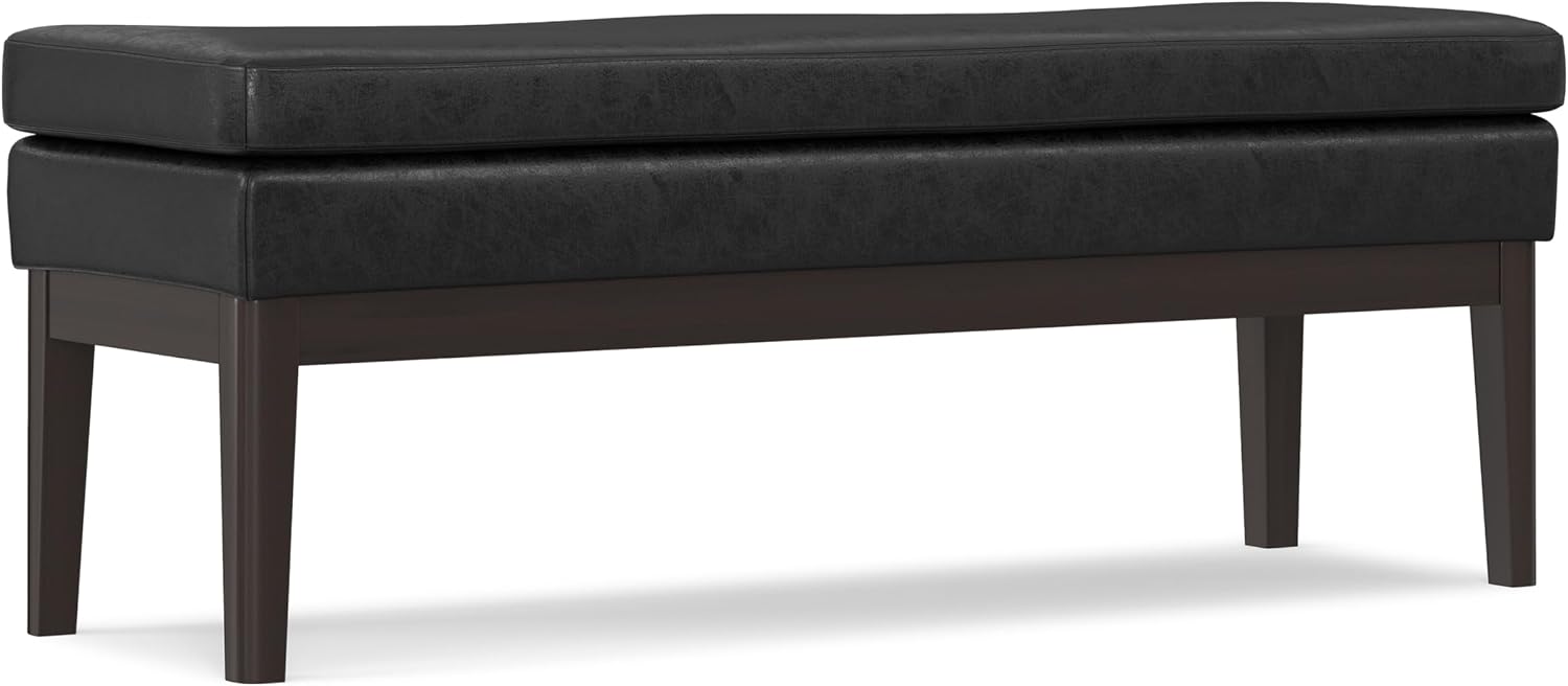 SIMPLIHOME Carlson Ottoman Bench - 45 inch Wide Upholstered Vegan Leather Rectangle Ottoman in Distressed Black, Mid Century Modern Bench for Bedroom, Entryway or Living Room with Padded Seat