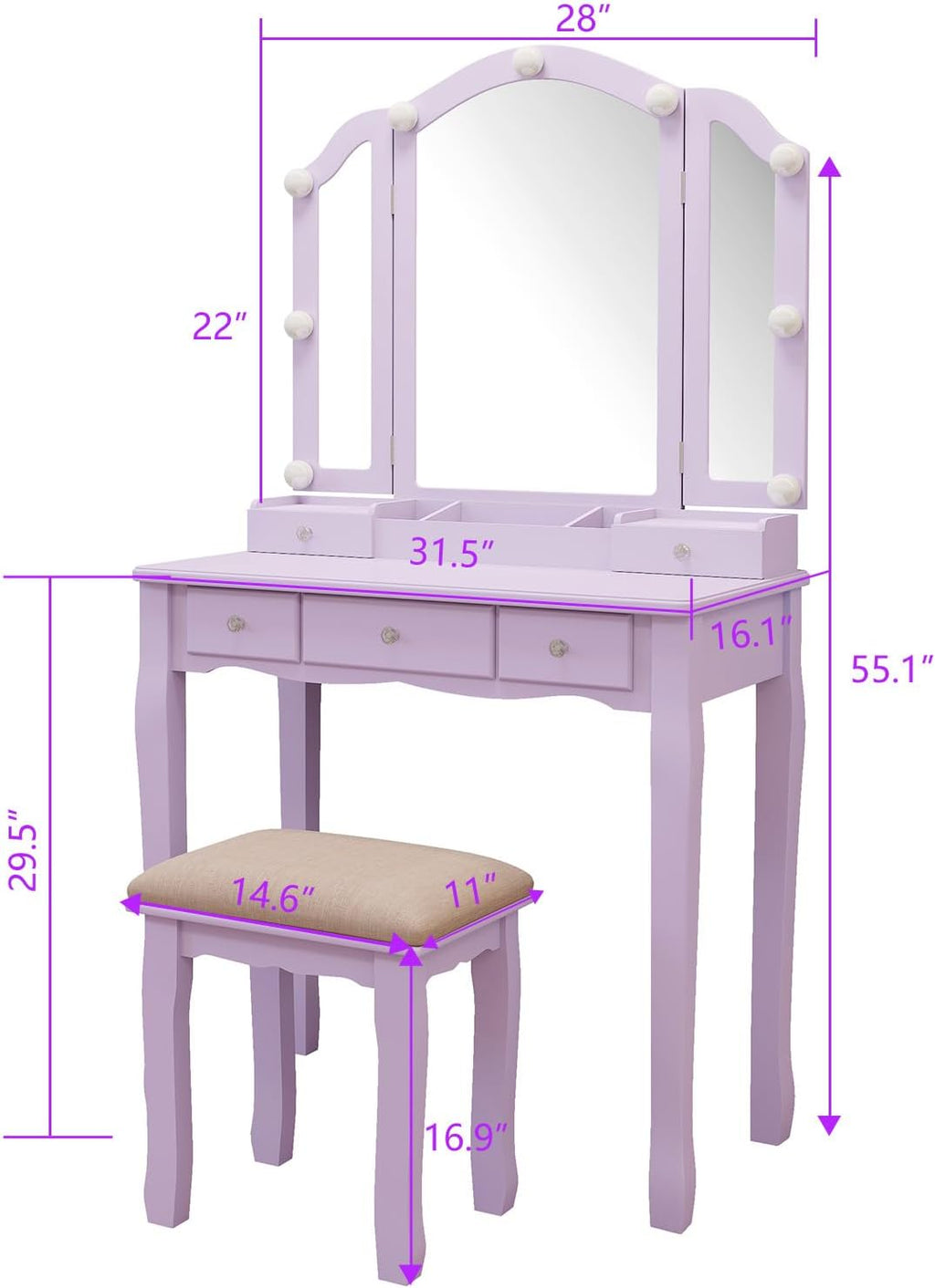 YIXHQ Purple Vanity Makeup Vanity Desk with Lights Vanity for Teen Girls Vanity Set for Teenager Vanity Table with Mirror for Bedroom Vanity Mirror with Lights Girls Desk and Chair
