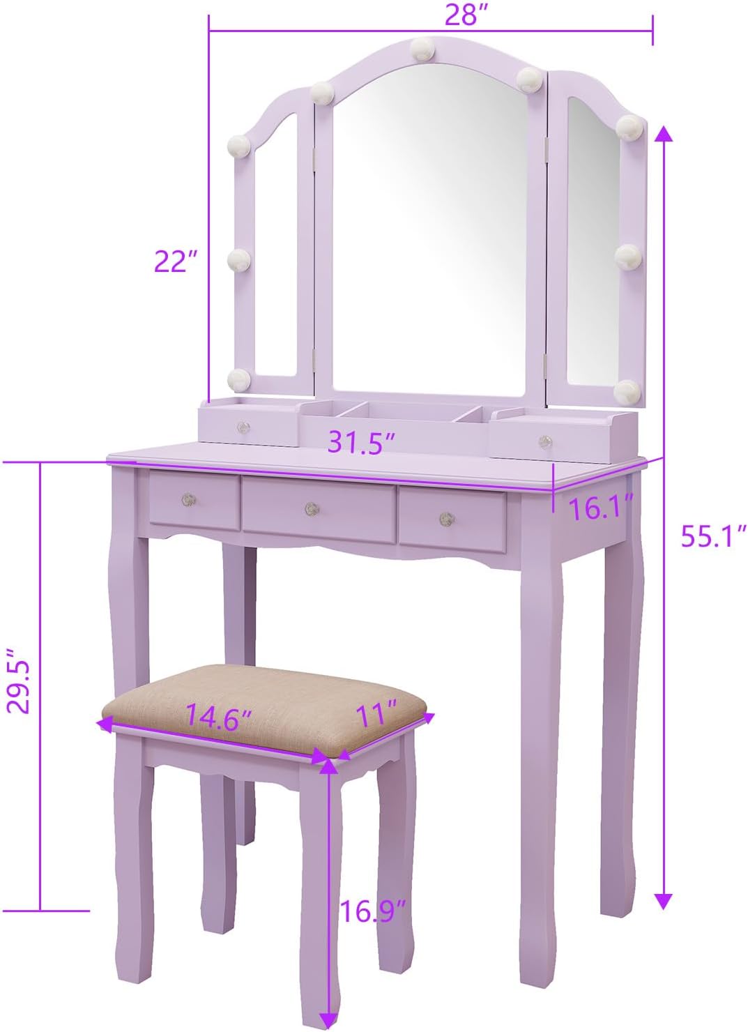 YIXHQ Purple Vanity Makeup Vanity Desk with Lights Vanity for Teen Girls Vanity Set for Teenager Vanity Table with Mirror for Bedroom Vanity Mirror with Lights Girls Desk and Chair