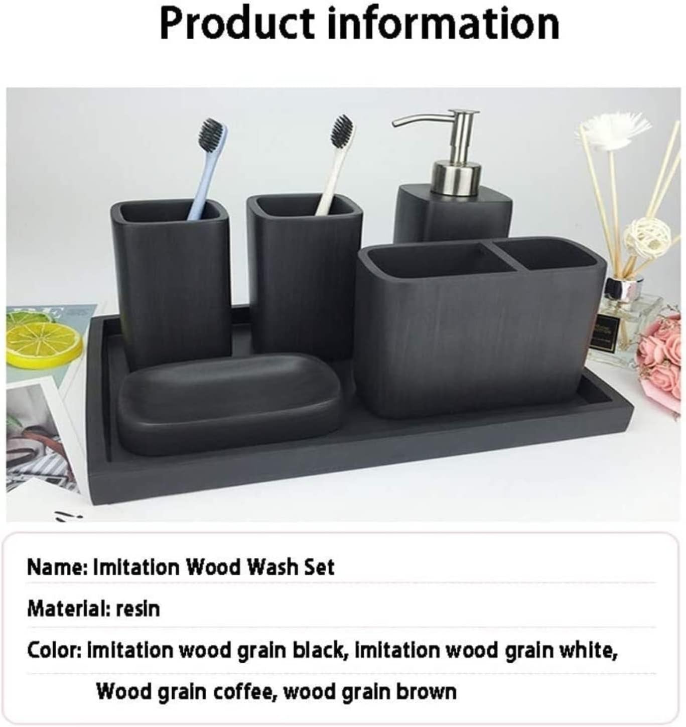 Vanity Bathroom Decor, Bathroom Accessory Set Modern Design European Style Resin Bathroom Accessory Set Imitation Wood Wash Set Housewarming Gift(White)