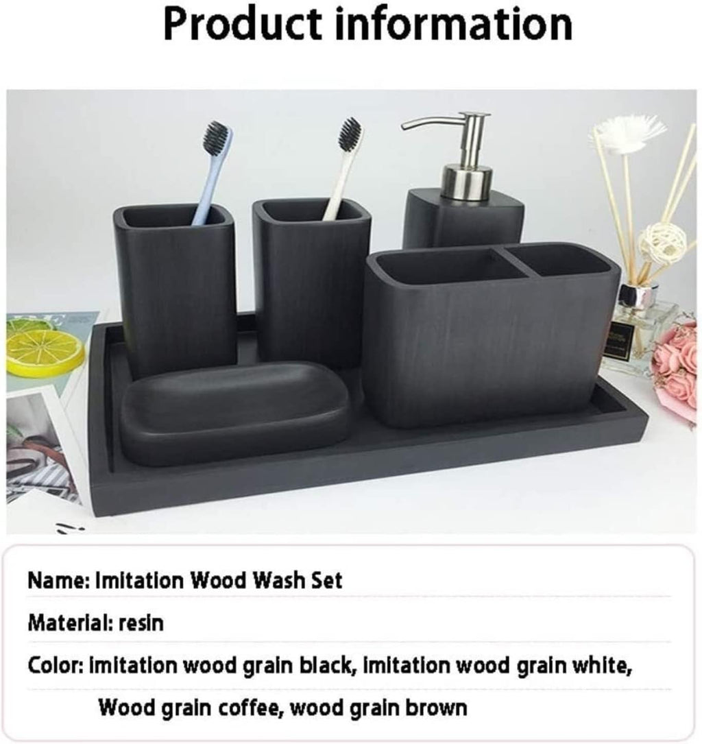 Vanity Bathroom Decor, Bathroom Accessory Set Modern Design European Style Resin Bathroom Accessory Set Imitation Wood Wash Set Housewarming Gift(Black)