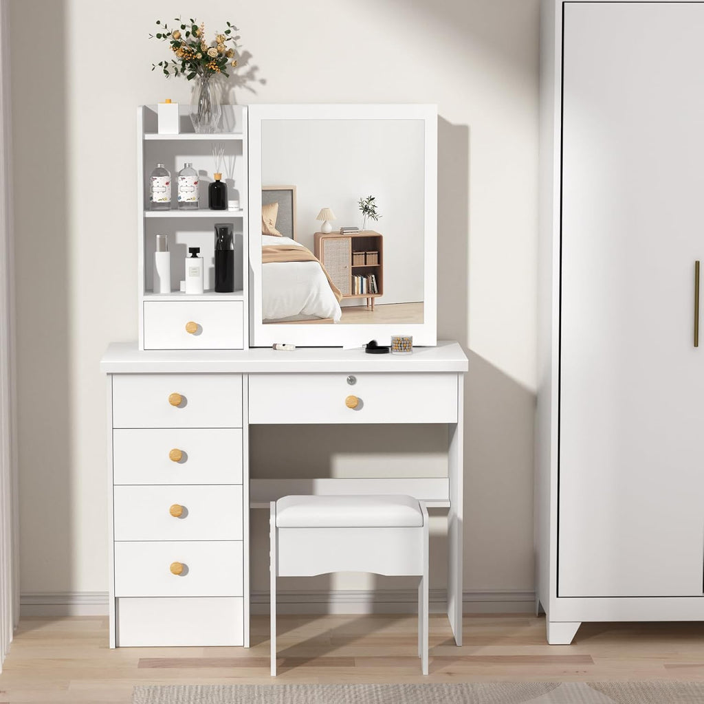 Vanity Desk with Mirror, Teen Girls White Makeup Vanity Table, Dresser with mirror, Bedroom Vanity Set with 6 Spacious Drawers ,Shelves Dressing Desk for Bedroom Dressing Room, Vanity Benches (White)