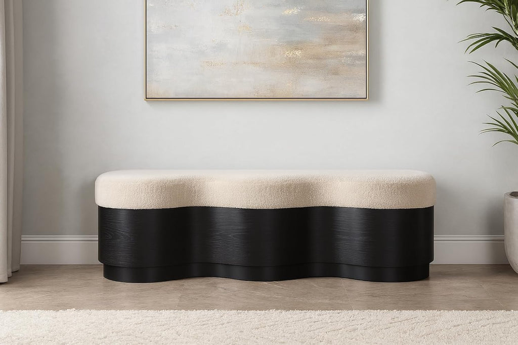 Meridian Furniture 22081Beige Savoy Collection Art Deco Bench with Soft Beige Velour Fur Fabric, Rich Black Finish, Mix of Solid Wood & MDF, 60' W x 18.5' D x 18.5' H, Beige