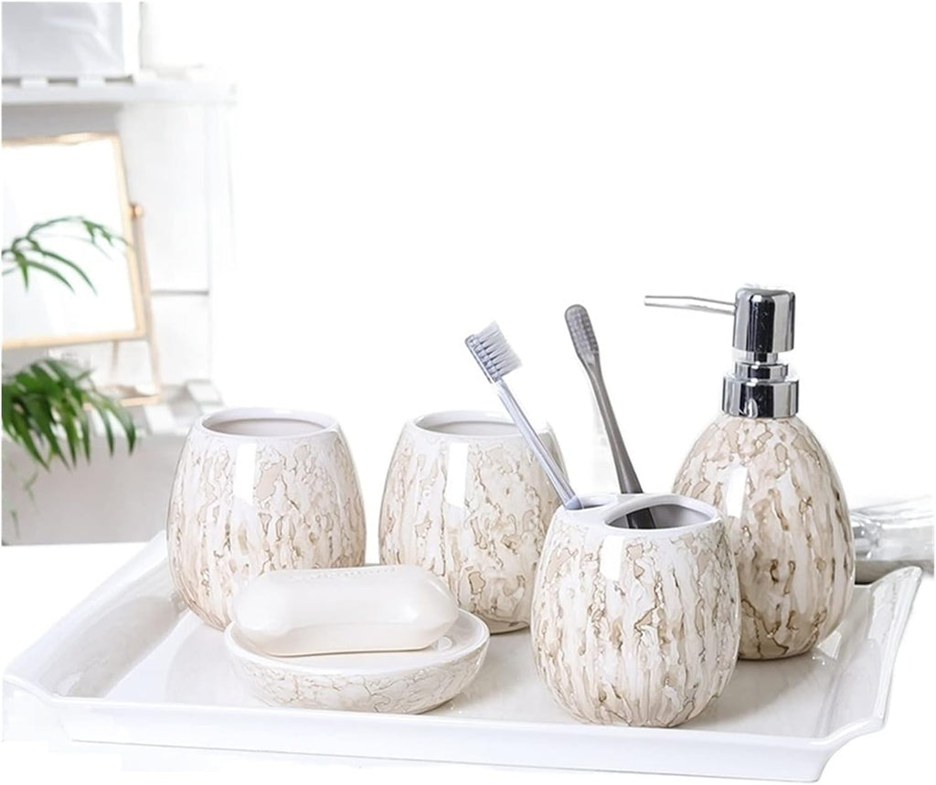 Vanity Bathroom Decor, Bathroom Accessories Set Ceramic Bath Ensemble Collection Features Liquid Soap Dispenser Toothbrush Holder Housewarming Gift(B,5 Pieces+Tray)