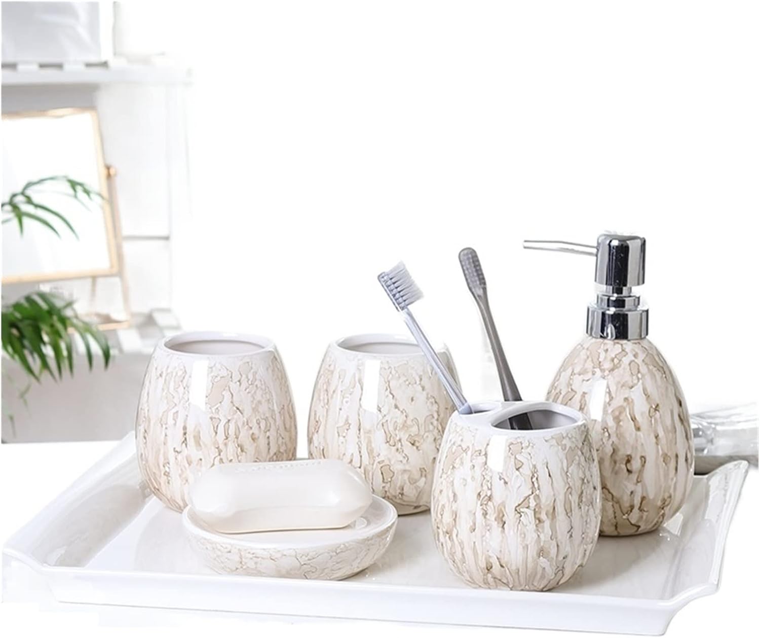 Vanity Bathroom Decor, Bathroom Accessories Set Ceramic Bath Ensemble Collection Features Liquid Soap Dispenser Toothbrush Holder Housewarming Gift(B,5 Pieces+Tray)