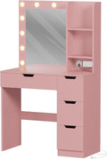 Modern Vanity Makeup Desk with Vanity Mirror, Built-in Lights, 4 Drawers, Power Outlet, Makeup Desk for Bedroom (Pink)