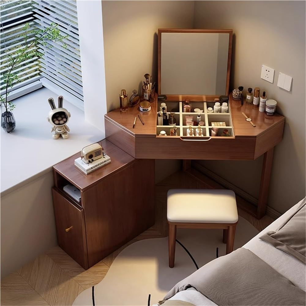 Solid Wood Corner Vanity Desk, 3-Piece Makeup Vanity Table with Flip Top Mirror, Storage Drawers and Stool, Small Space Corner Table for Bedroom and Dressing Room(Brown)