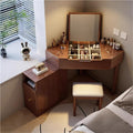 Solid Wood Corner Vanity Desk, 3-Piece Makeup Vanity Table with Flip Top Mirror, Storage Drawers and Stool, Small Space Corner Table for Bedroom and Dressing Room(Brown)