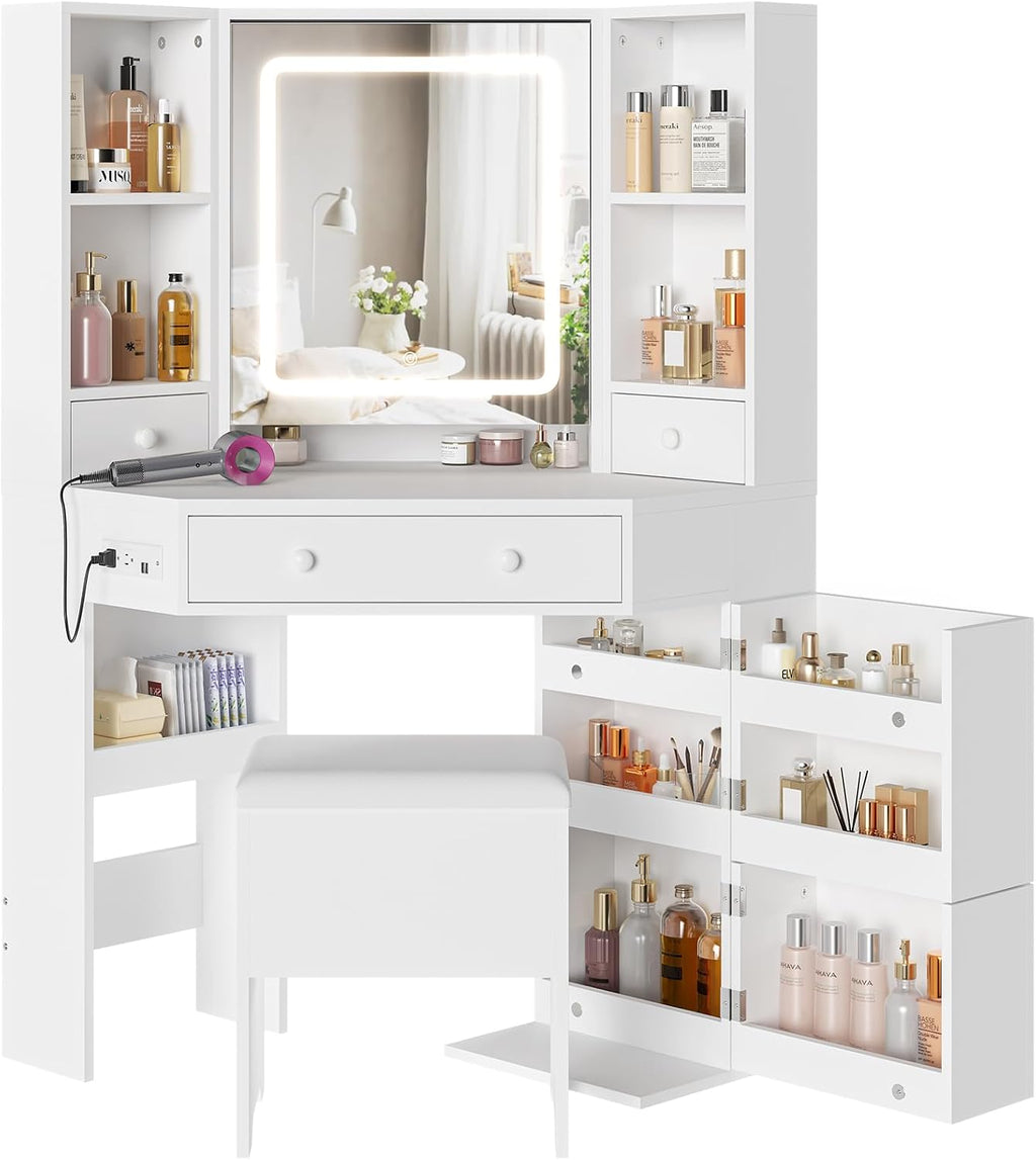 BTHFST Corner Vanity Desk with Lights and Charging Station, Makeup Vanity with Lights, Vanity Set with Mirror and Storage Stool, Makeup Table with Drawers, Rotating Shelves, White