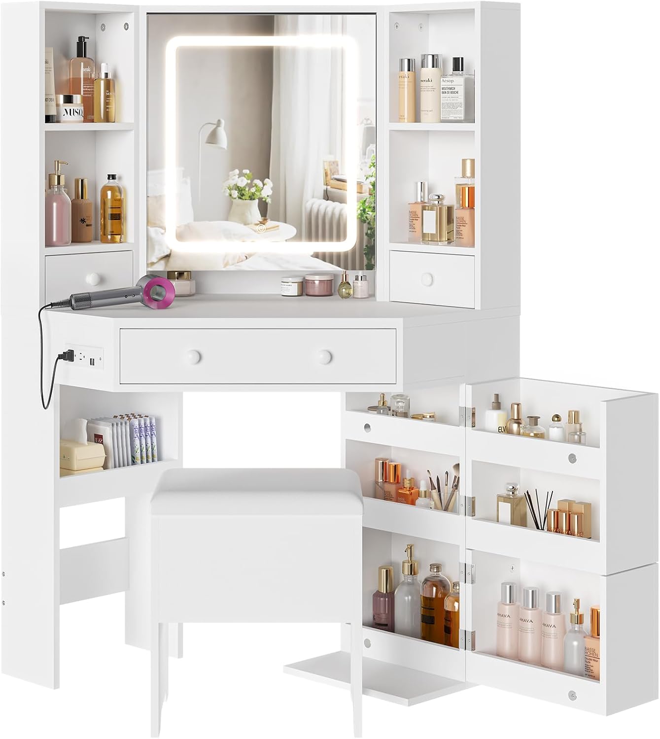BTHFST Corner Vanity Desk with Lights and Charging Station, Makeup Vanity with Lights, Vanity Set with Mirror and Storage Stool, Makeup Table with Drawers, Rotating Shelves, White