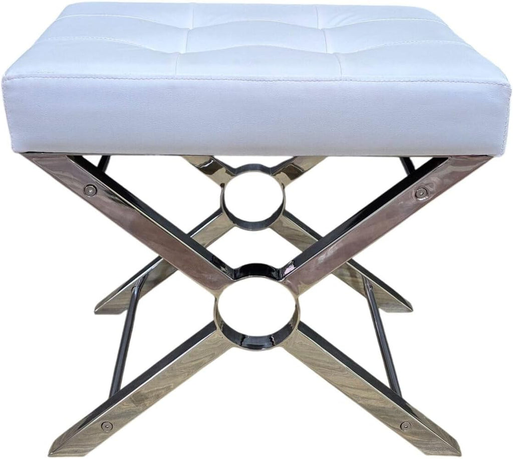 Carolina Chair & Table Modern X-Frame Stool - Luxury Chrome Steel Base with White Upholstery Cushion Faux Leather Soft Seat, Vanity Bench - Modern Style Accent Furniture for Living Room, Bedroom