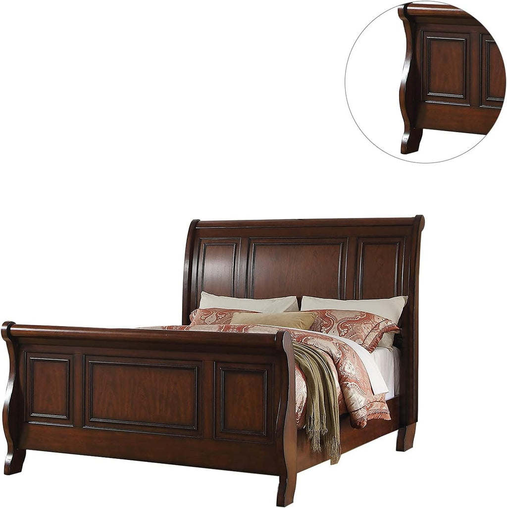 Pine Wood Queen Sleigh Bed, Cherry Brown
