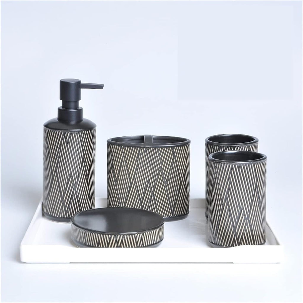 Vanity Bathroom Decor, Bathroom Accessories Set Simple Geometric Design Ceramic Bathroom Accessory Set with Soap Dispenser Housewarming Gift(Black,5 Pieces+White Tray)