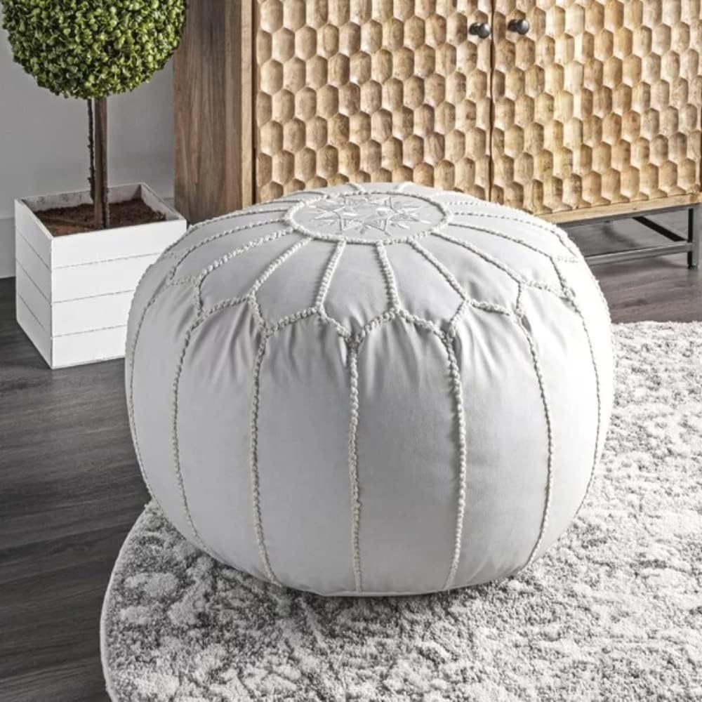 Classy Ivory Faux Leather Round Pouf Ottoman 20'' | Stylish Tufted Footrest Vanity Stool Glamorous Touch Luxe Look, | Bench Fluffy Dorm Patio Perfect for Living Room, Bedroom, Lounge Cushioned