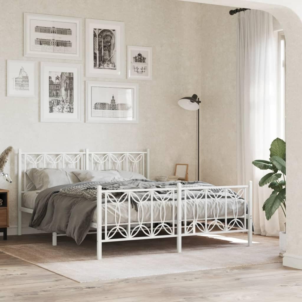 Queen Size Metal Platform Bed Frame with Footboard Steel Bedframe White 59.1'x78.7' Heavy Duty Bed Base Underbed Storage Space for Bedroom Guest Room